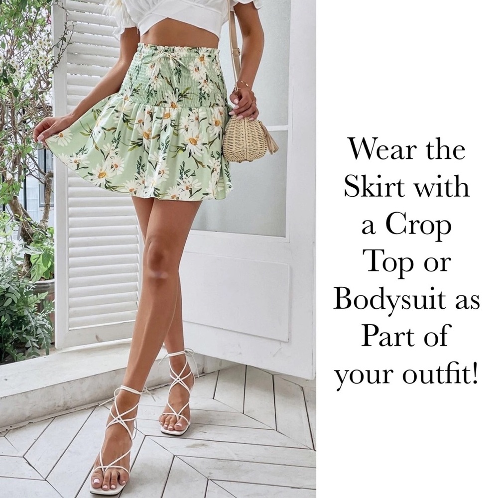 Retro Pale Green Floral Shirred High Waist Drawstring Beach Skirt - Picture 5 of 16